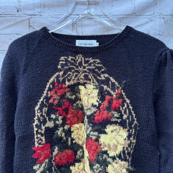 Vintage Sweater JH Collection 100% Wool Knit Fall Small Floral Black 1980s - Picture 3 of 7